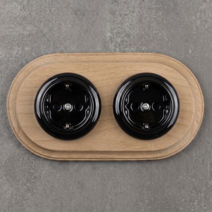 Elhard - Prise double céramique rétro pour usage domestique avec cadre SCHUKO 230V noire/bois clair