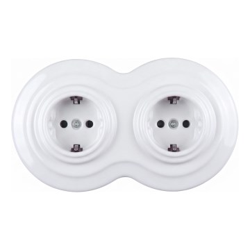 Elhard - Prise double rétro en céramique pour usage domestique avec cadre SCHUKO 230V, blanche