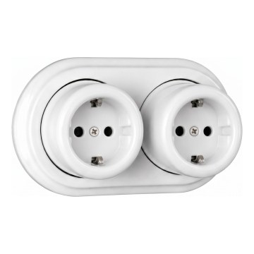Elhard - Prise murale double en céramique de style rétro avec cadre SCHUKO 230 V, blanche