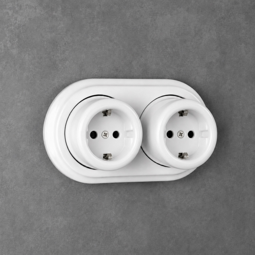 Elhard - Prise murale double en céramique de style rétro avec cadre SCHUKO 230 V, blanche