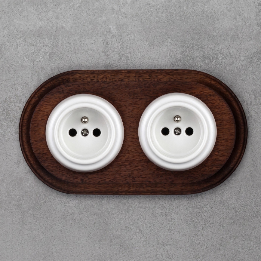 Elhard - Double prise murale rétro en céramique avec cadre 230V blanc/bois foncé