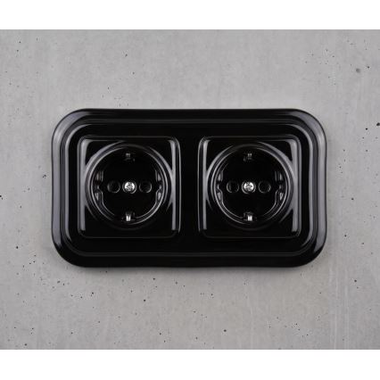 Elhard - Prise murale double rétro en céramique avec cadre SCHUKO 230 V, noire