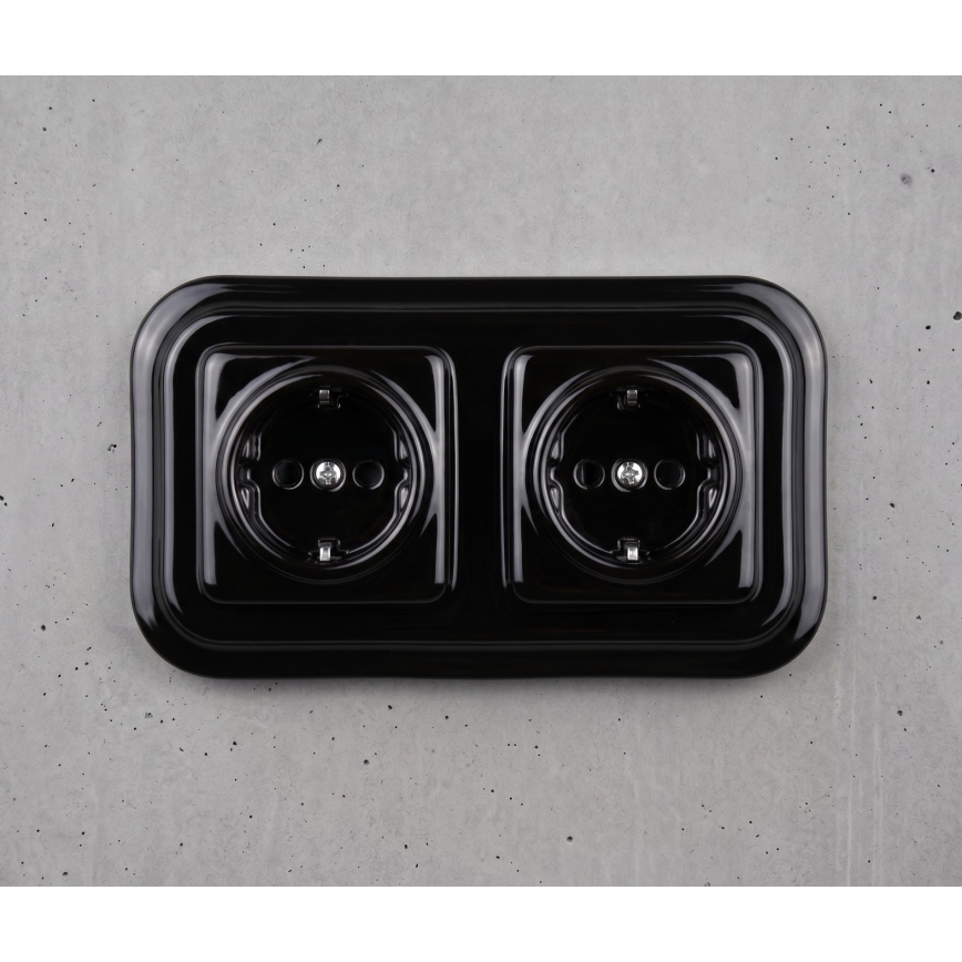Elhard - Prise murale double rétro en céramique avec cadre SCHUKO 230 V, noire