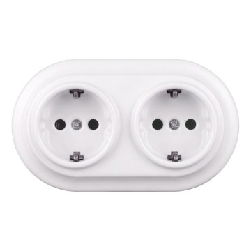 Elhard - Prise murale double rétro en céramique avec cadre SCHUKO 230V blanche