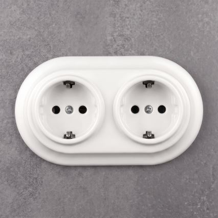 Elhard - Prise murale double rétro en céramique avec cadre SCHUKO 230V blanche