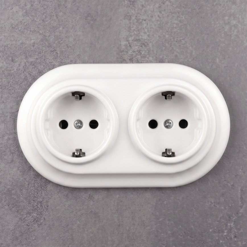 Elhard - Prise murale double rétro en céramique avec cadre SCHUKO 230V blanche