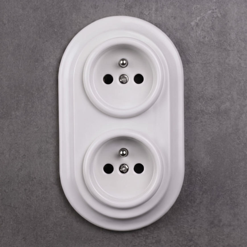 Elhard - Prise murale double rétro en céramique avec cadre SCHUKO 230V blanche