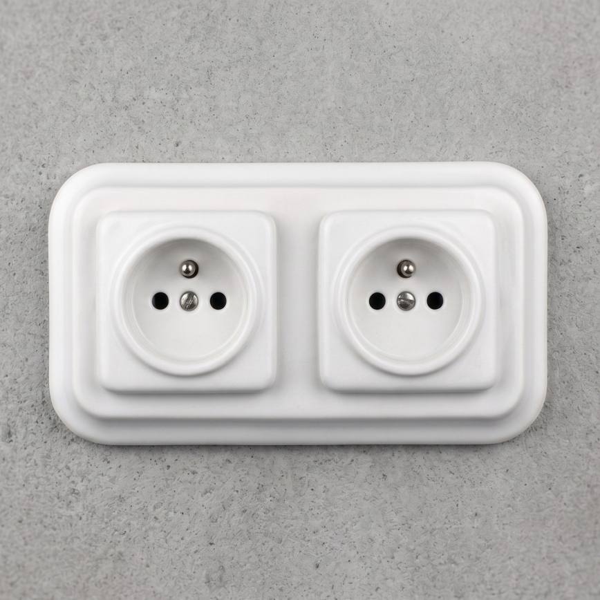 Elhard - Prise murale double rétro en céramique avec enjoliveur, 230 V, blanche