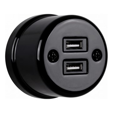 Elhard - Prise murale rétro en céramique 2x USB-A noire