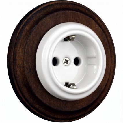 Elhard - Prise murale rétro en céramique avec cadre SCHUKO 230V blanc/bois foncé