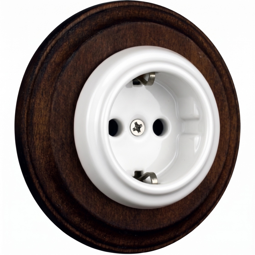 Elhard - Prise murale rétro en céramique avec cadre SCHUKO 230V blanc/bois foncé