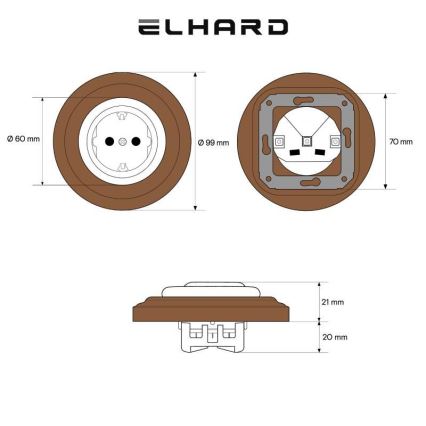 Elhard - Prise murale rétro en céramique avec cadre SCHUKO 230V blanc/bois foncé