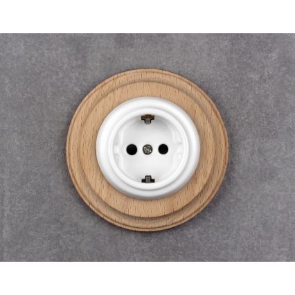 Elhard - Prise murale rétro en céramique pour usage domestique avec cadre SCHUKO 230V blanc/bois clair