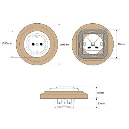 Elhard - Prise murale rétro en céramique pour usage domestique avec cadre SCHUKO 230V blanc/bois clair
