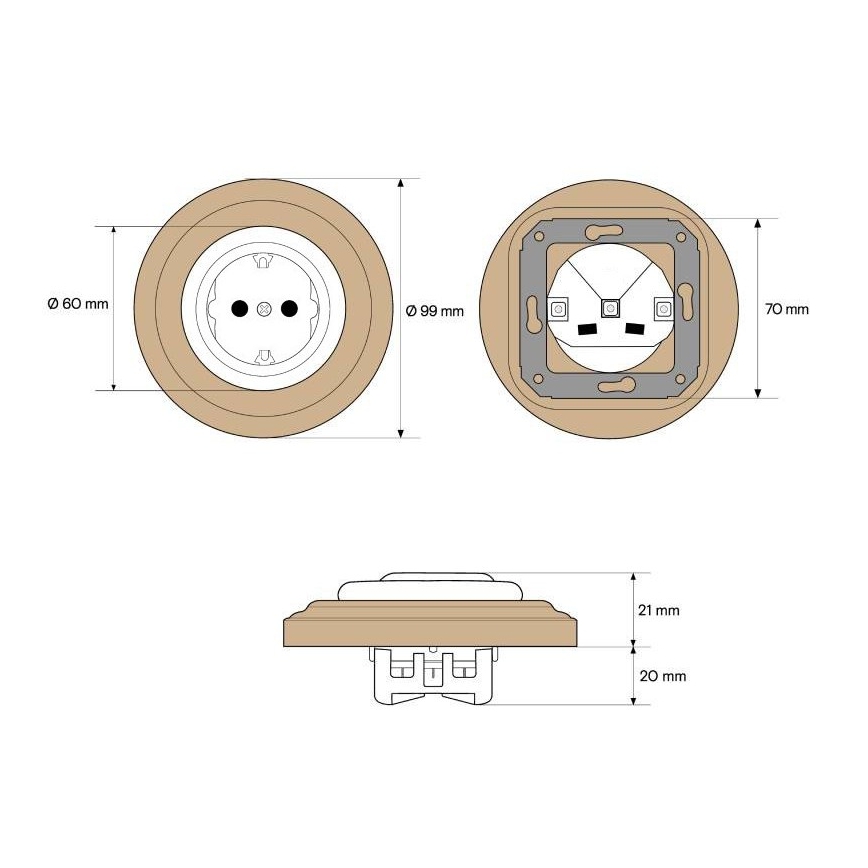 Elhard - Prise murale rétro en céramique pour usage domestique avec cadre SCHUKO 230V blanc/bois clair