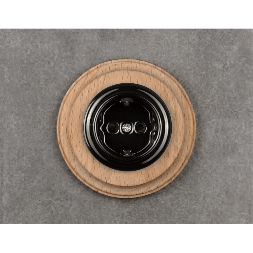 Elhard - Prise murale rétro en céramique avec cadre SCHUKO 230V noir/bois clair