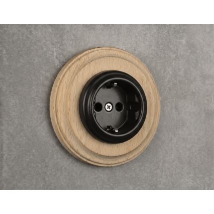 Elhard - Prise murale rétro en céramique avec cadre SCHUKO 230V noir/bois clair