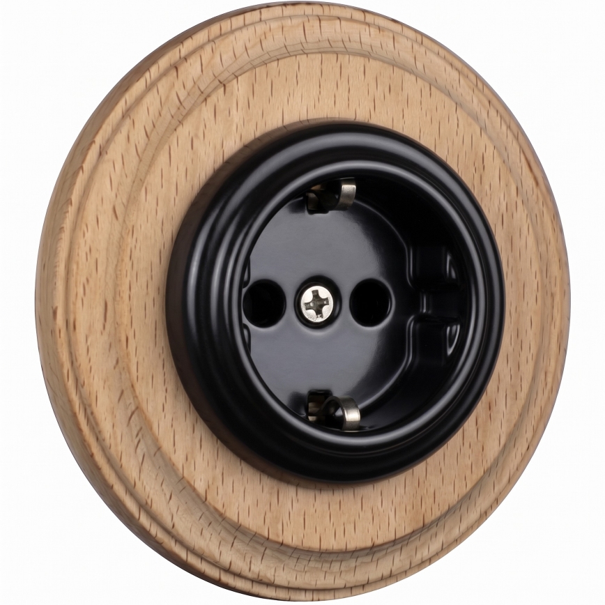 Elhard - Prise murale rétro en céramique avec cadre SCHUKO 230V noir/bois clair