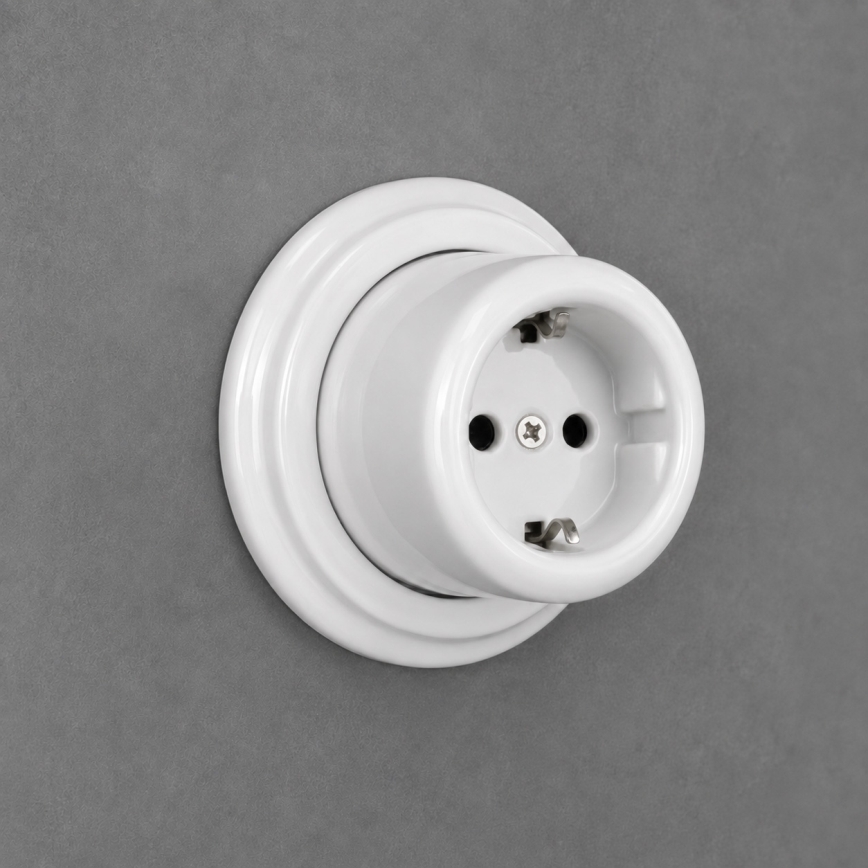 Elhard - Prise murale rétro en céramique pour usage domestique avec cadre SCHUKO 230 V blanche