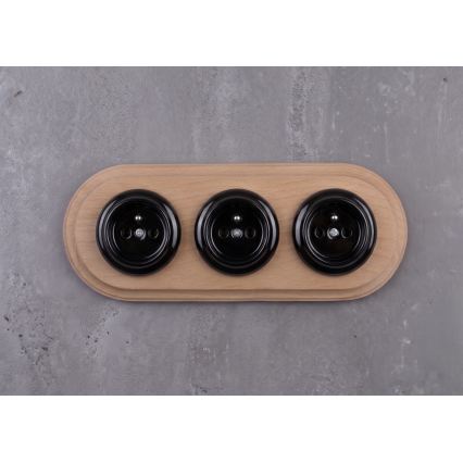 Elhard - Prise murale rétro triple en céramique avec cadre 230 V noir/bois clair