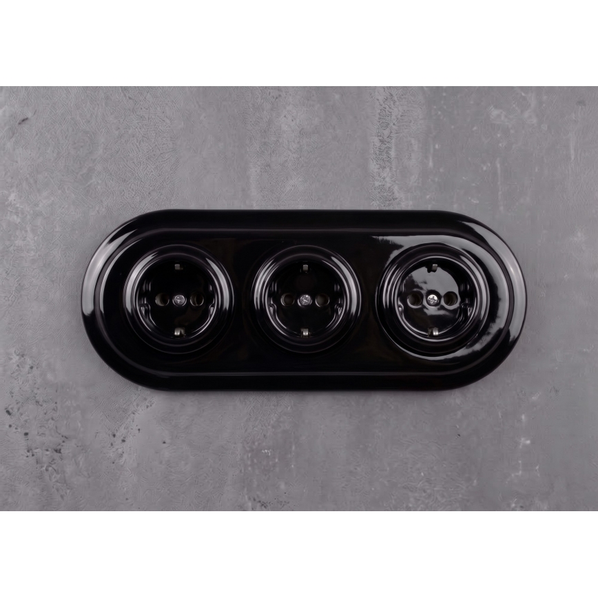 Elhard - Prise murale rétro triple en céramique avec cadre SCHUKO 230V noire