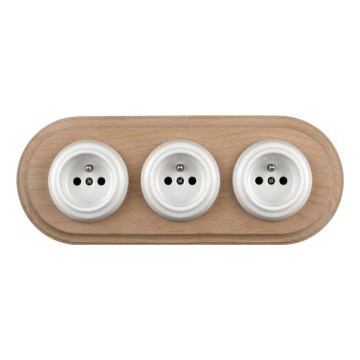 Elhard - Prise murale triple en céramique au style rétro avec cadre 230V blanc/bois clair