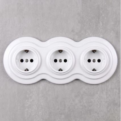 Elhard - Prise murale triple en céramique au style rétro avec cadre SCHUKO 230V blanche