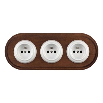 Elhard - Prise murale triple rétro en céramique avec cadre 230V blanc/bois foncé