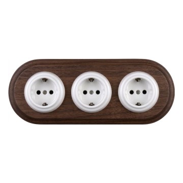Elhard - Prise murale triple rétro en céramique avec cadre SCHUKO 230V blanc/bois foncé