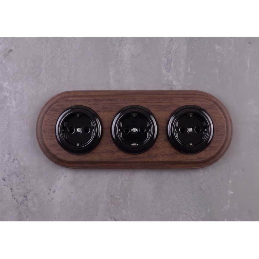 Elhard - Prise domestique rétro triple en céramique avec cadre SCHUKO 230V noir/bois foncé