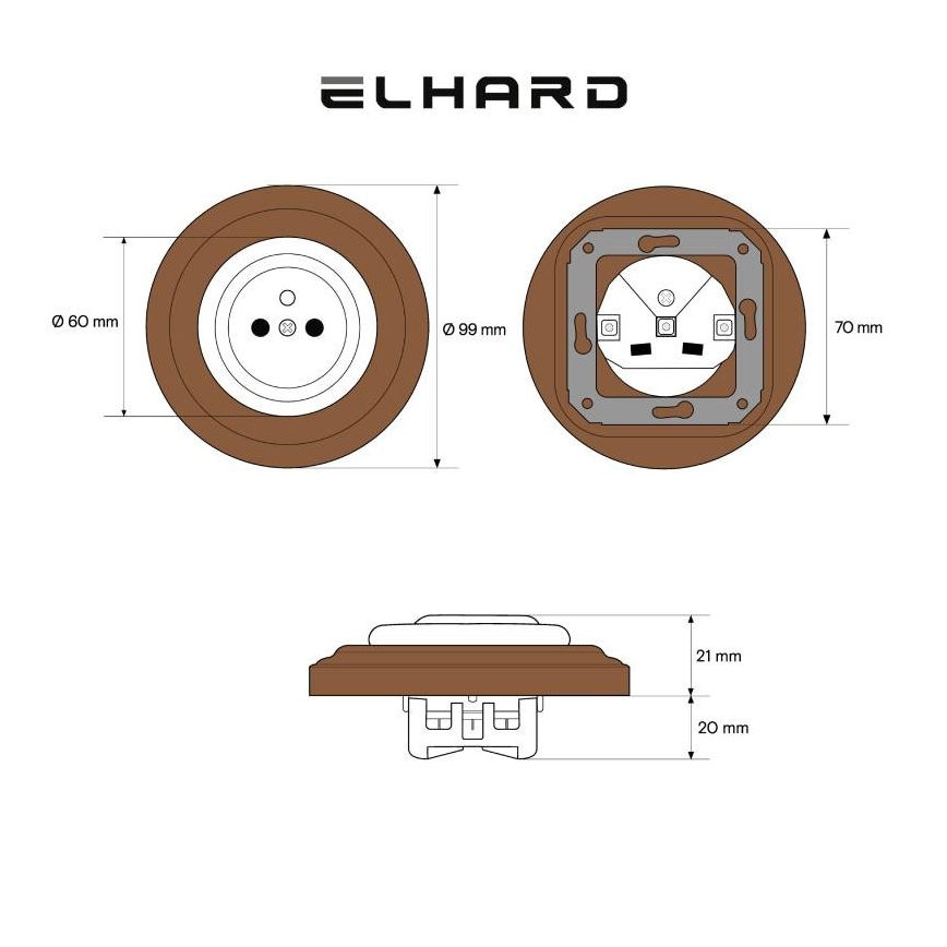 Elhard - Prise rétro murale en céramique avec cadre, 230 V, noir / bois foncé