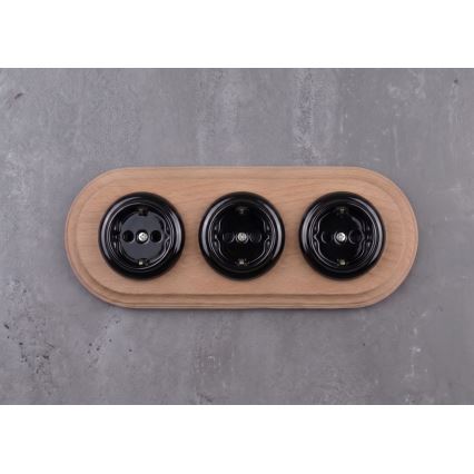 Elhard - Prise triple rétro en céramique pour usage domestique avec cadre SCHUKO 230V noir/bois clair