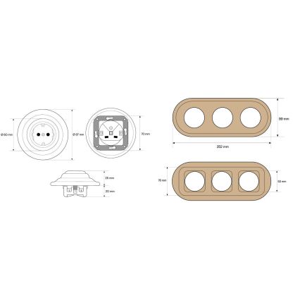 Elhard - Prise triple rétro en céramique pour usage domestique avec cadre SCHUKO 230V noir/bois clair
