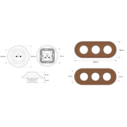 Elhard - Prise murale triple rétro en céramique avec cadre 230V blanc/bois foncé