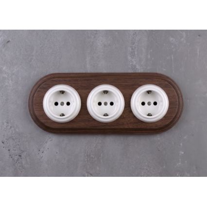 Elhard - Prise murale triple rétro en céramique avec cadre SCHUKO 230V blanc/bois foncé