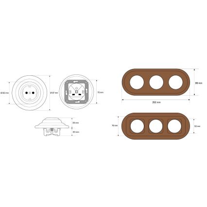 Elhard - Prise murale triple rétro en céramique avec cadre SCHUKO 230V blanc/bois foncé
