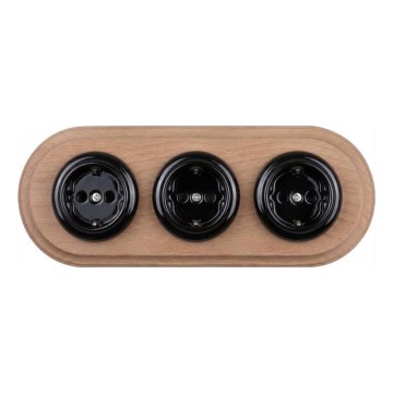 Elhard - Prise triple rétro en céramique pour usage domestique avec cadre SCHUKO 230V noir/bois clair