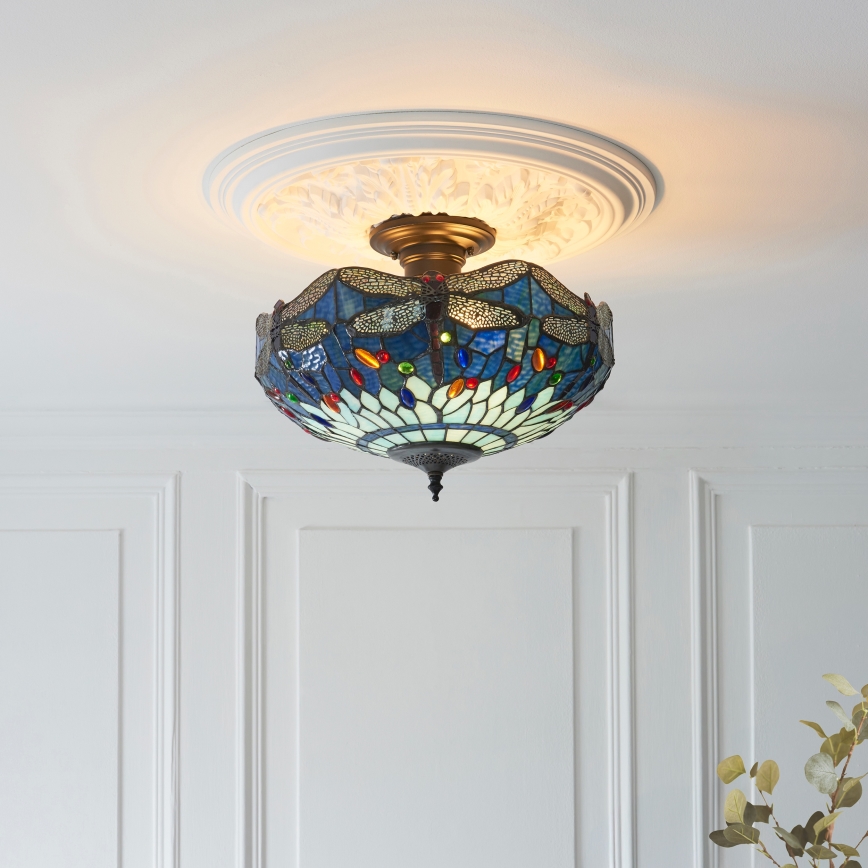 Endon 111897 - Plafonnier Tiffany DRAGONFLY, montage affleurant, 3 x E27 / 10 W / 230 V, Ø 41 cm