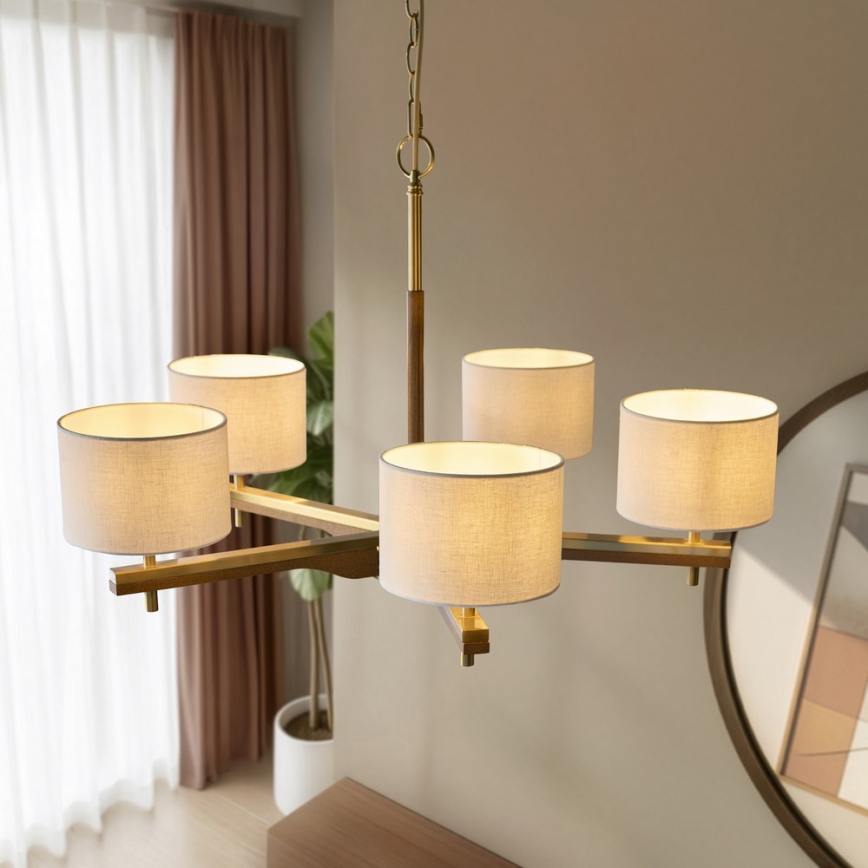 Endon 116994 - Lustre à chaîne HEATHCLIFF 5xE14/7W/230V laiton/frêne