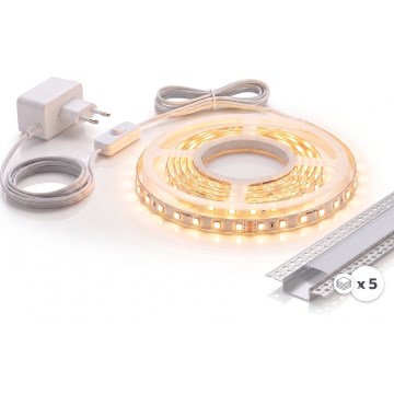 Ensemble 1x ruban LED MYLIVING LIGHTSTRIP (22 W / 230 V) — 5 m + 5x profil encastrable 1 m, argenté/blanc