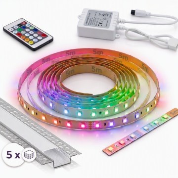ENSEMBLE 1x ruban LED RGBW dimmable DIGITAL LED/16,5W/230V 5 m + 5x profil encastrable 1 m argenté/blanc + télécommande