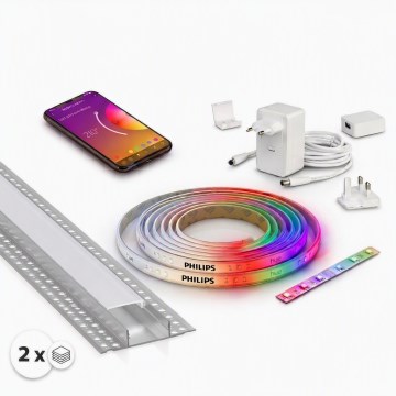 ENSEMBLE 1x ruban LED RGBW dimmable Philips Hue WHITE AND COLOR AMBIANCE LED/20W/230V 2 m + 2x profil encastré 1 m argent/blanc
