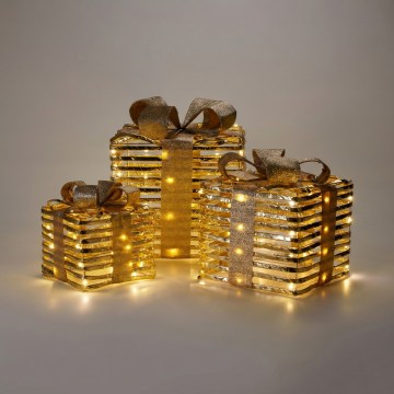 ENSEMBLE DE 3 décorations de Noël LED 20xLED/2xAA + 30xLED/3xAA + 40xLED/3xAA blanc chaud cadeaux/doré