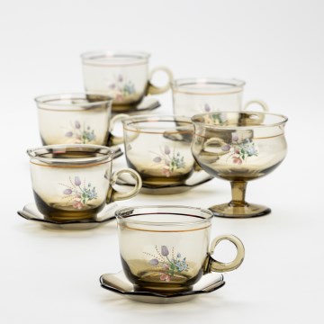 Ensemble de 6 tasses en verre avec soucoupes et 1 sucrier fumé bouquet n° 2