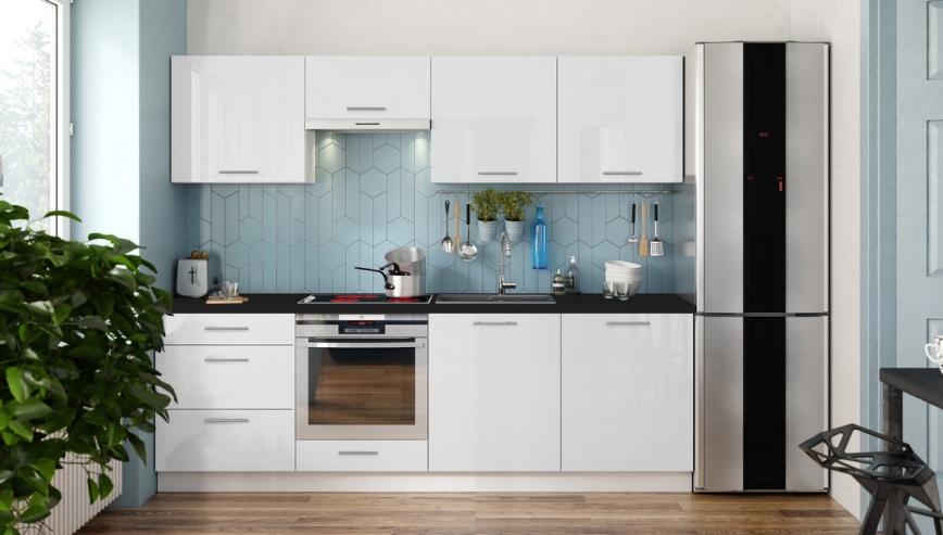Ensemble de cuisine CELESTE 240 cm, blanc laqué brillant