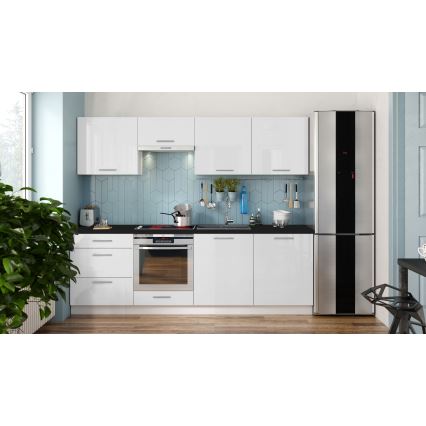 Ensemble de cuisine CELESTE 240 cm, blanc laqué brillant