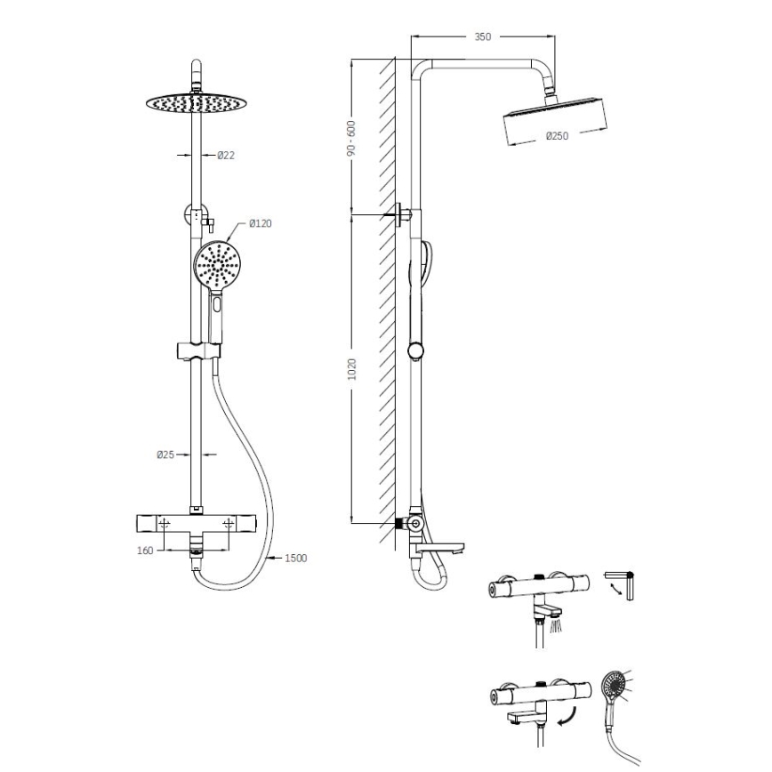Ensemble de douche DRAGOR avec mitigeur thermostatique, finition chrome brillant