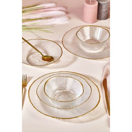 Ensemble de table 18 pièces en verre transparent avec finitions dorées