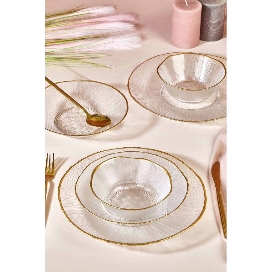 Ensemble de table 18 pièces en verre transparent avec finitions dorées