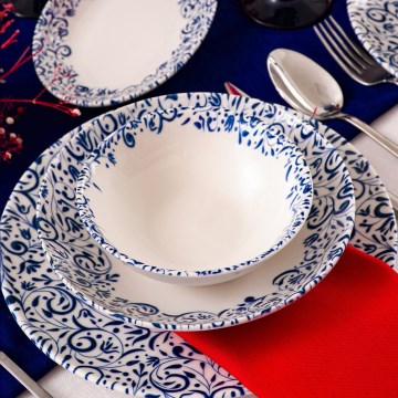 Ensemble de vaisselle 18 pièces blanc/bleu/porcelaine